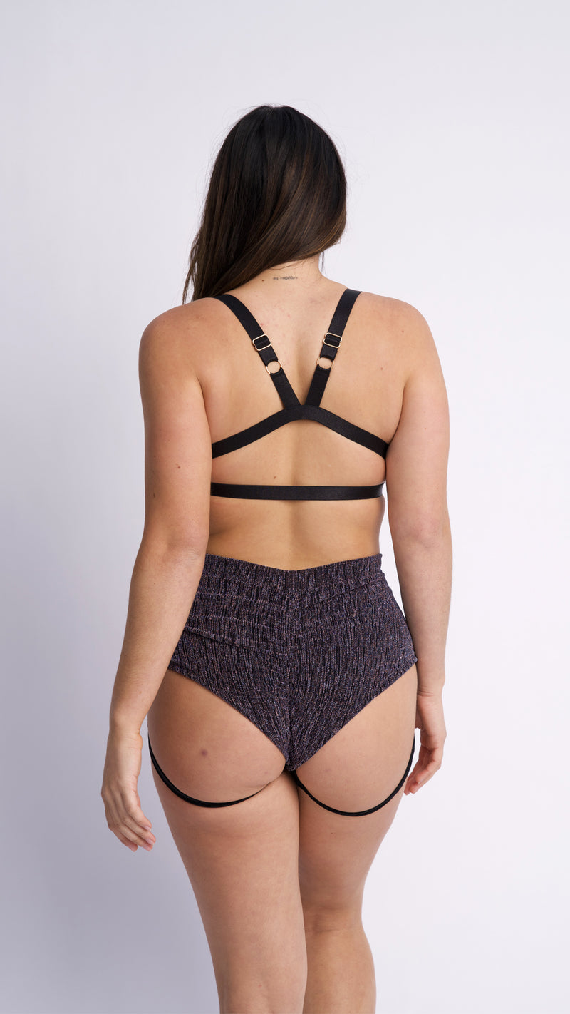 Lure You High Waisted Garter Shorts Blue Rose Gold Shimmer