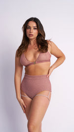 Lure You High Waisted Garter Shorts Rose Gold Shimmer