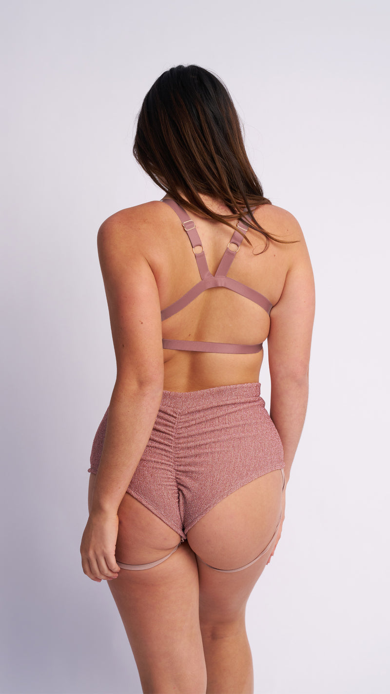 Lure You High Waisted Garter Shorts Rose Gold Shimmer