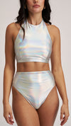 High Waist High Cut Metallic Bottom Silver