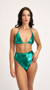 High Waist High Cut Metallic Bottom Green