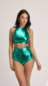 High Waist Drawstring Bottoms Metallic Green