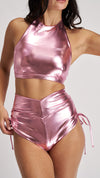 High Waist Drawstring Bottoms Metallic Baby Pink