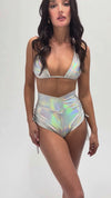 High Waist Drawstring Bottoms Metallic Silver
