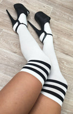 White Thigh High Socks with Black Stripe