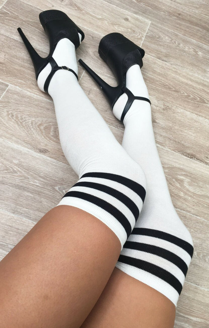 White Thigh High Socks with Black Stripe